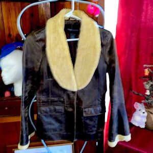 VINTAGE MODA INTERNATIONAL LEATHER BLAZER JACKET FAUX FUR COLLAR XS